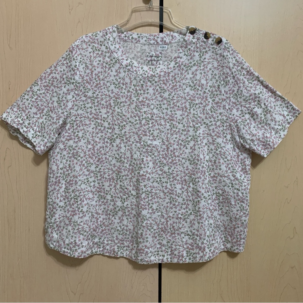 Marks & Spencer‎ Women's Pure Linen Short Sleeve Blouse Floral White UK 16 US 12